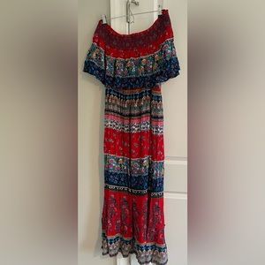 Off-Shoulder Red Floral Maxi Dress